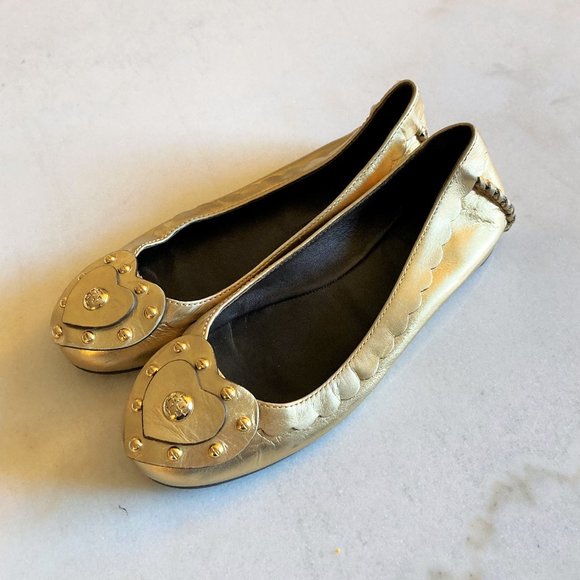 Tory Burch gold leather ballet flat shoes 9M heart / studs, TB logo, metallic - Picture 4 of 12